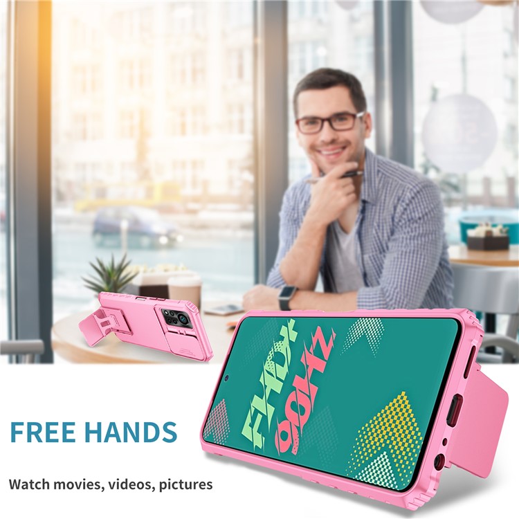 For Infinix Hot 11s NFC 4G Slide Camera Protection Anti-Fall Cell Phone Shell Kickstand PC + TPU Hybrid Cover Phone Case - Pink