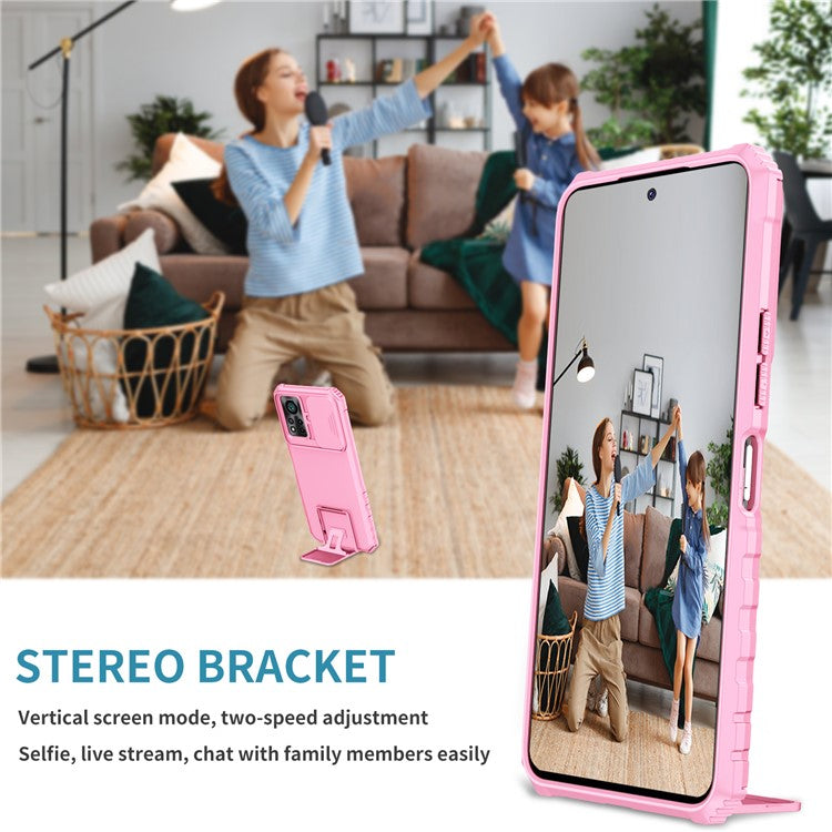 For Infinix Hot 11s NFC 4G Slide Camera Protection Anti-Fall Cell Phone Shell Kickstand PC + TPU Hybrid Cover Phone Case - Pink