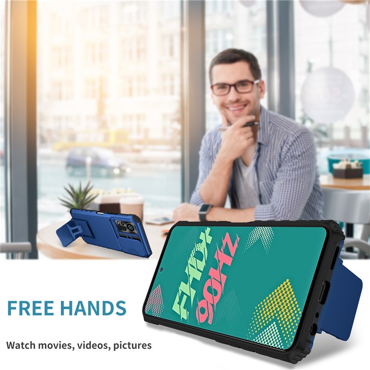 For Infinix Hot 11s NFC 4G Slide Camera Protection Anti-Fall Cell Phone Shell Kickstand PC + TPU Hybrid Cover Phone Case - Blue