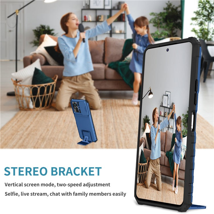 For Infinix Hot 11s NFC 4G Slide Camera Protection Anti-Fall Cell Phone Shell Kickstand PC + TPU Hybrid Cover Phone Case - Blue