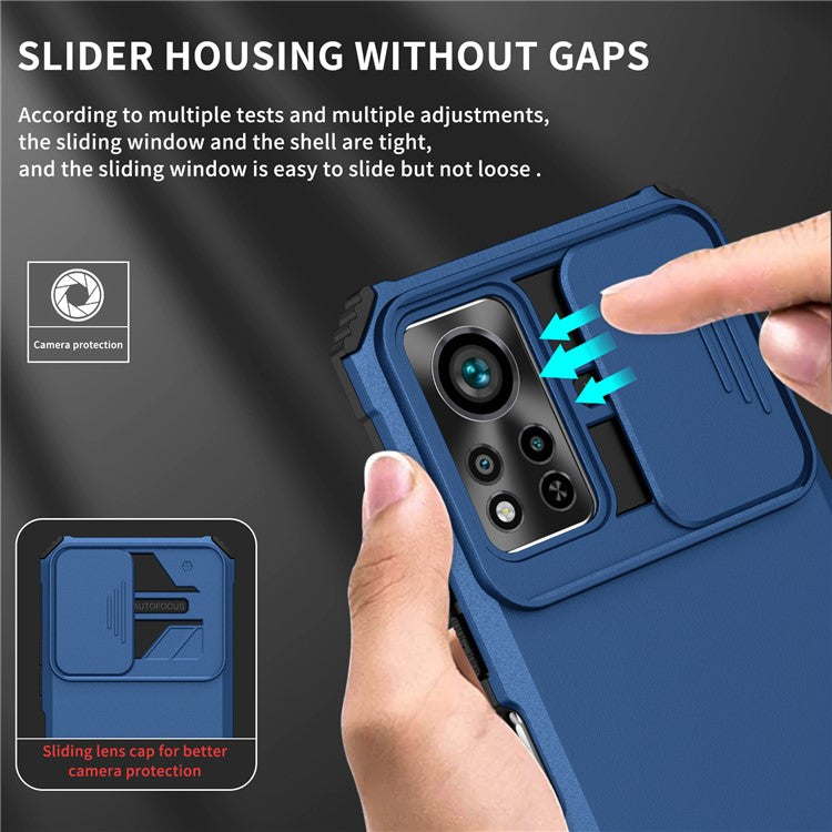 For Infinix Hot 11s NFC 4G Slide Camera Protection Anti-Fall Cell Phone Shell Kickstand PC + TPU Hybrid Cover Phone Case - Blue