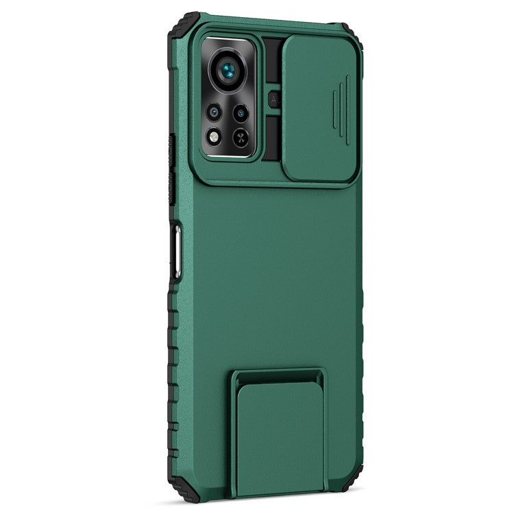 For Infinix Hot 11s NFC 4G Slide Camera Protection Anti-Fall Cell Phone Shell Kickstand PC + TPU Hybrid Cover Phone Case - Blackish Green