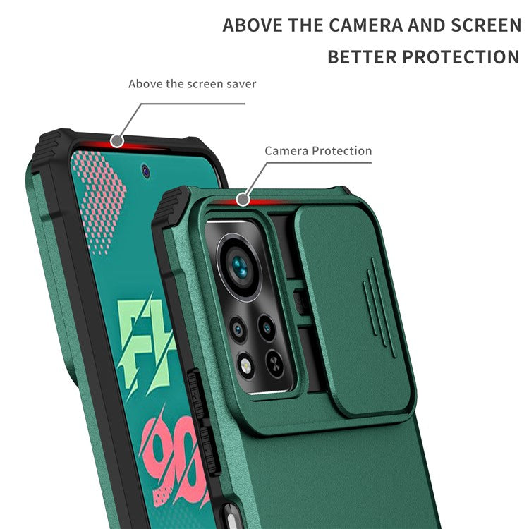 For Infinix Hot 11s NFC 4G Slide Camera Protection Anti-Fall Cell Phone Shell Kickstand PC + TPU Hybrid Cover Phone Case - Blackish Green