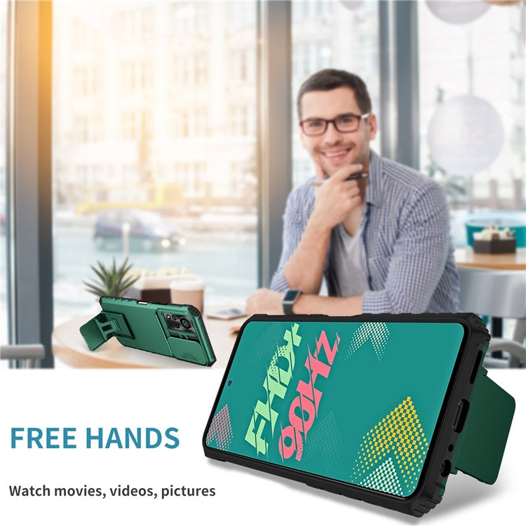 For Infinix Hot 11s NFC 4G Slide Camera Protection Anti-Fall Cell Phone Shell Kickstand PC + TPU Hybrid Cover Phone Case - Blackish Green