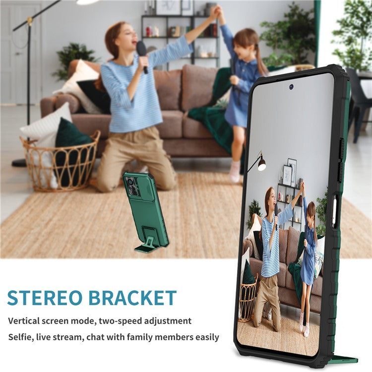 For Infinix Hot 11s NFC 4G Slide Camera Protection Anti-Fall Cell Phone Shell Kickstand PC + TPU Hybrid Cover Phone Case - Blackish Green