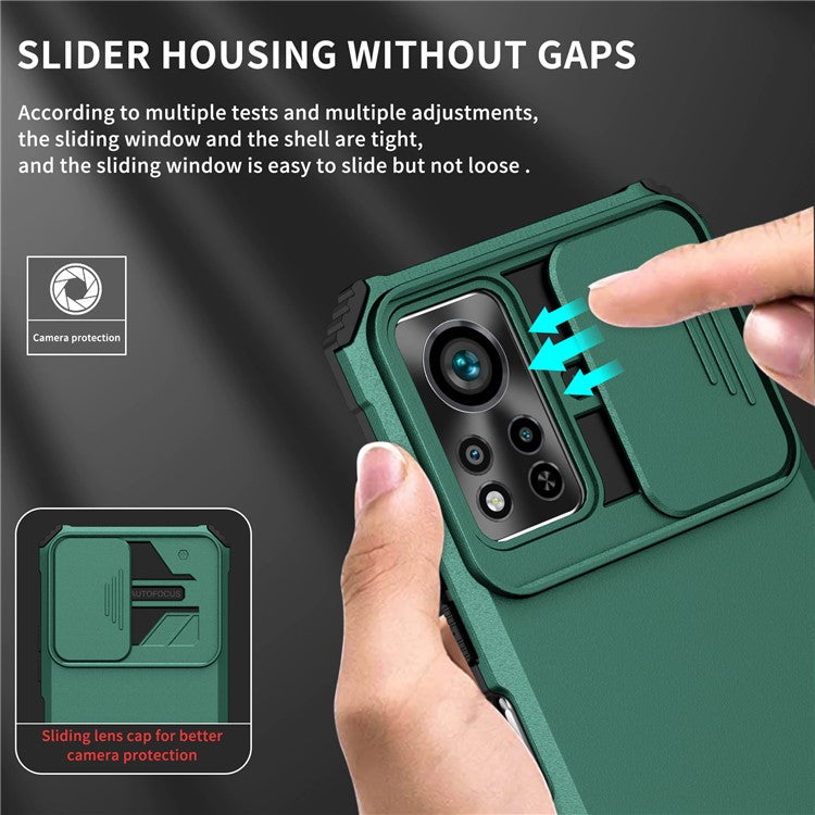 For Infinix Hot 11s NFC 4G Slide Camera Protection Anti-Fall Cell Phone Shell Kickstand PC + TPU Hybrid Cover Phone Case - Blackish Green
