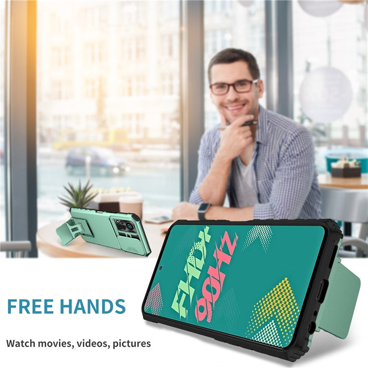 For Infinix Hot 11s NFC 4G Slide Camera Protection Anti-Fall Cell Phone Shell Kickstand PC + TPU Hybrid Cover Phone Case - Baby Blue