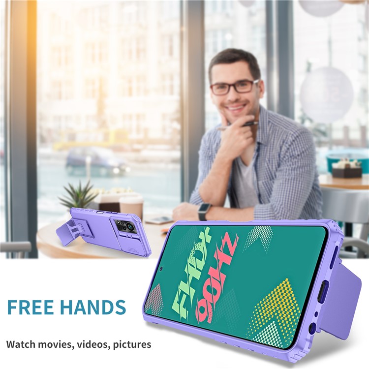 For Infinix Hot 11s NFC 4G Slide Camera Protection Anti-Fall Cell Phone Shell Kickstand PC + TPU Hybrid Cover Phone Case - Purple