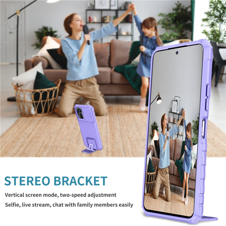 For Infinix Hot 11s NFC 4G Slide Camera Protection Anti-Fall Cell Phone Shell Kickstand PC + TPU Hybrid Cover Phone Case - Purple