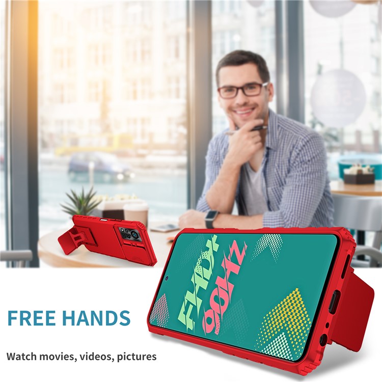 For Infinix Hot 11s NFC 4G Slide Camera Protection Anti-Fall Cell Phone Shell Kickstand PC + TPU Hybrid Cover Phone Case - Red