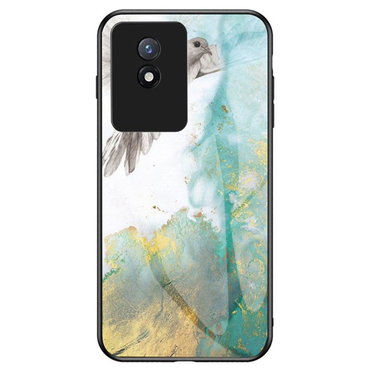 For vivo Y02 4G Marble Pattern Printing Tempered Glass Phone Back Cover PC + TPU Anti-fall Smartphone Case - Flying Pigeon Marble