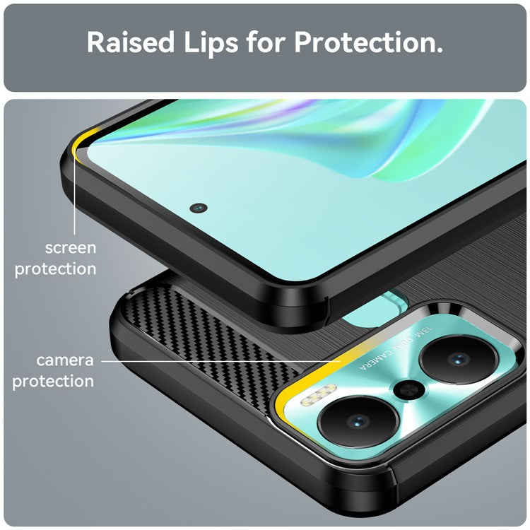 For Infinix Hot 20 Play 4G Carbon Fiber Texture Phone Case Soft TPU Brushed Surface Protective Cover - Black