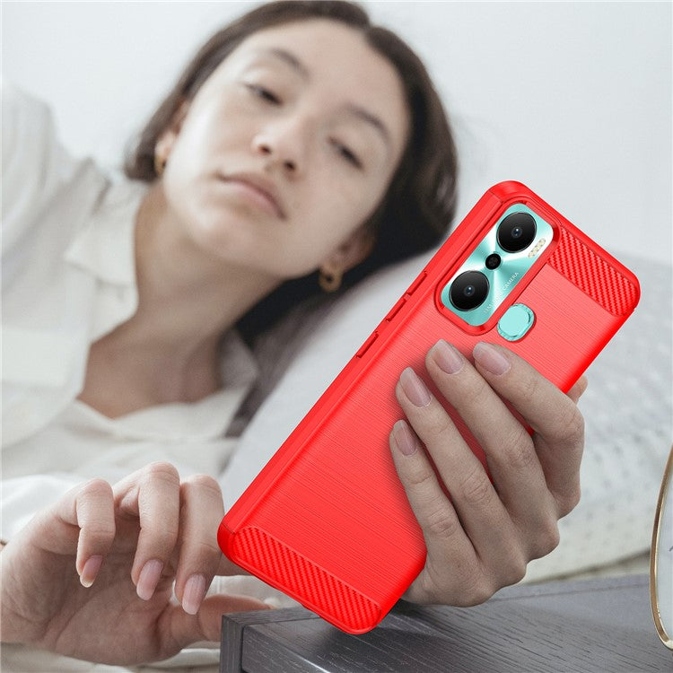 For Infinix Hot 20 Play 4G Carbon Fiber Texture Phone Case Soft TPU Brushed Surface Protective Cover - Red