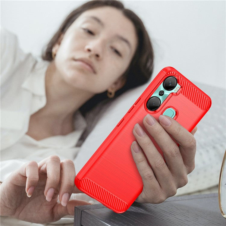 For Infinix Hot 12 Pro 4G Carbon Fiber Texture Phone Case Shockproof TPU Brushed Surface Protective Cover - Red