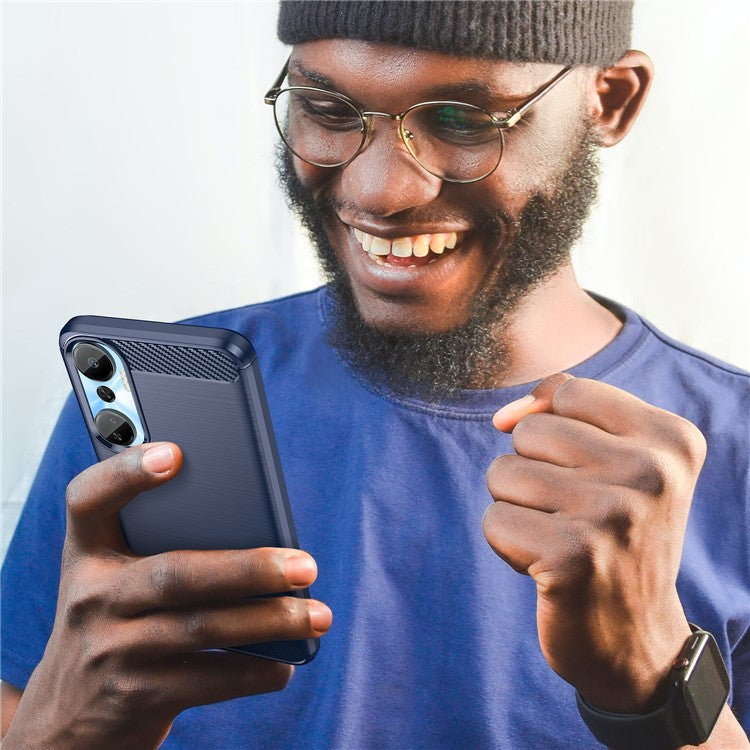 For Infinix Hot 20 4G Drop Resistant Carbon Fiber Texture Phone Case Soft TPU Brushed Surface Protective Cover - Blue