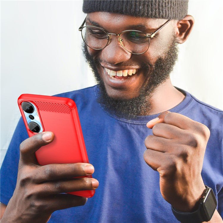 For Infinix Hot 20 4G Drop Resistant Carbon Fiber Texture Phone Case Soft TPU Brushed Surface Protective Cover - Red