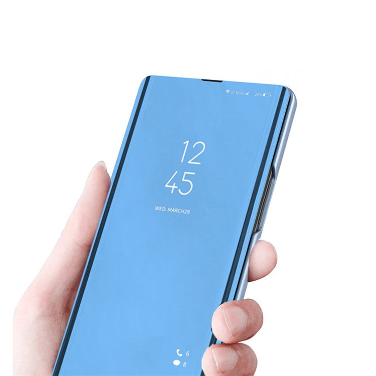 For Samsung Galaxy A54 5G View Window PU Leather Protective Phone Case Stand Mirror Electroplating Anti-scratch Phone Cover - Silver