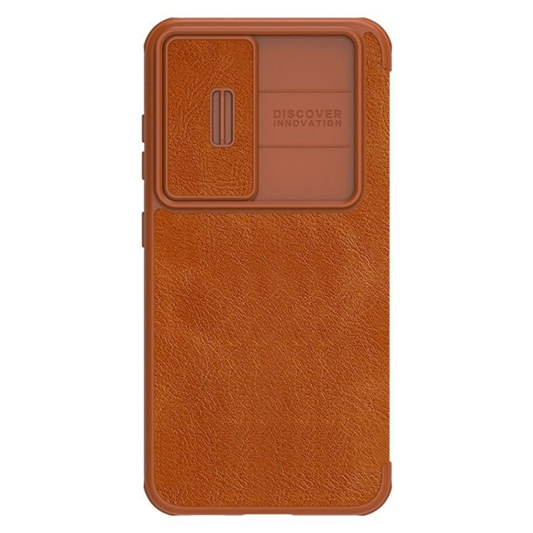 NILLKIN Qin Pro Series for Samsung Galaxy S23+ PU Leather Phone Case Card Holder Folio Flip Cover with Slide Lens Protector - Brown