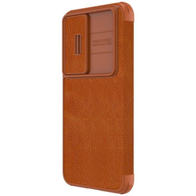 NILLKIN Qin Pro Series for Samsung Galaxy S23+ PU Leather Phone Case Card Holder Folio Flip Cover with Slide Lens Protector - Brown