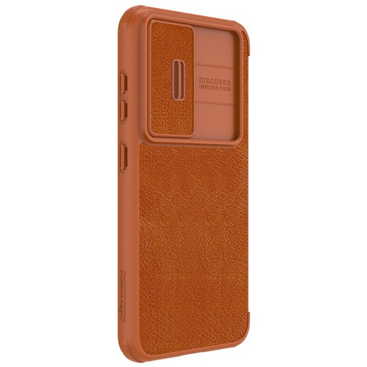 NILLKIN Qin Pro Series for Samsung Galaxy S23+ PU Leather Phone Case Card Holder Folio Flip Cover with Slide Lens Protector - Brown