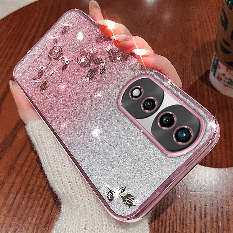 KADEM For Honor 70 Pro+ 5G Flexible TPU Cell Phone Cover Glitter Powder Flower Pattern Decor Rhinestone Design Smartphone Case Shell - Rose Gold