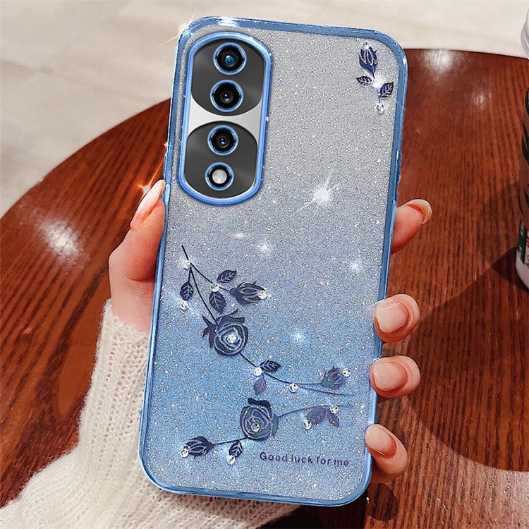 KADEM For Honor 70 Pro+ 5G Flexible TPU Cell Phone Cover Glitter Powder Flower Pattern Decor Rhinestone Design Smartphone Case Shell - Blue