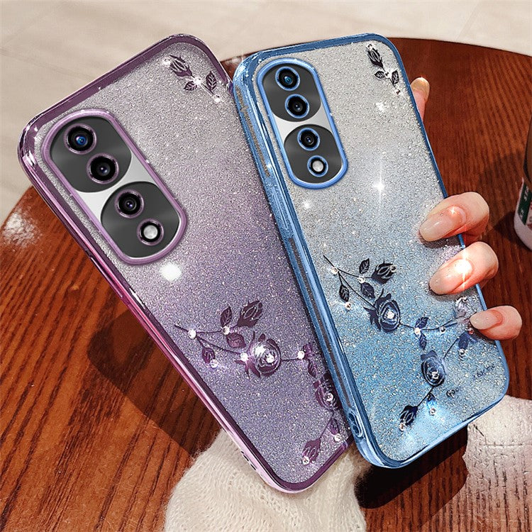 KADEM For Honor 70 Pro+ 5G Flexible TPU Cell Phone Cover Glitter Powder Flower Pattern Decor Rhinestone Design Smartphone Case Shell - Blue