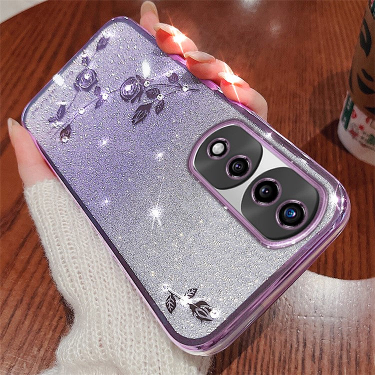 KADEM For Honor 70 Pro+ 5G Flexible TPU Cell Phone Cover Glitter Powder Flower Pattern Decor Rhinestone Design Smartphone Case Shell - Purple