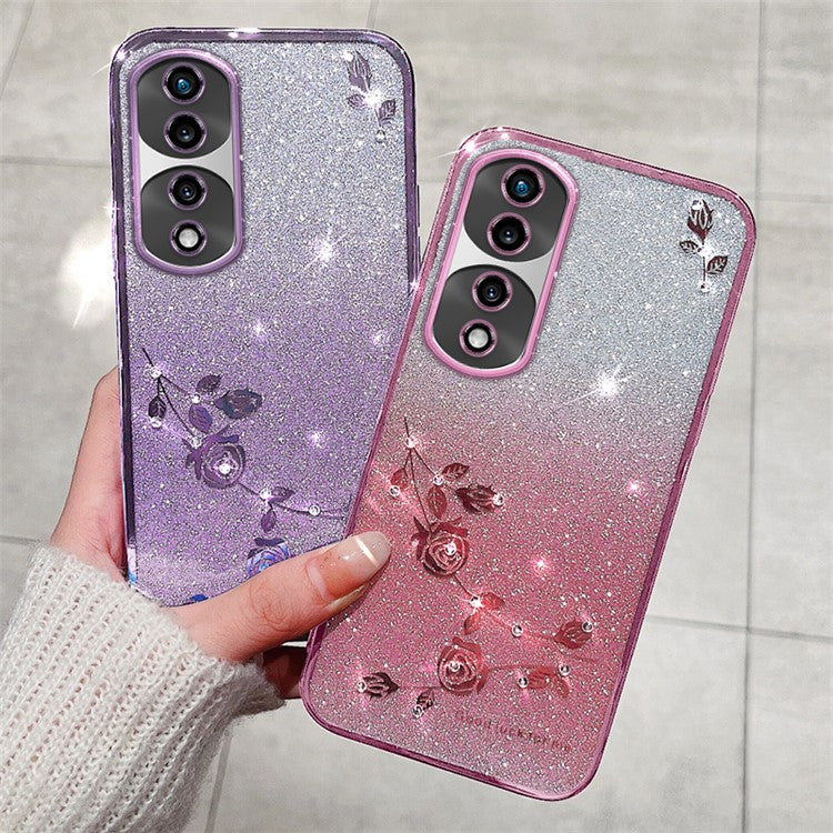 KADEM For Honor 70 Pro+ 5G Flexible TPU Cell Phone Cover Glitter Powder Flower Pattern Decor Rhinestone Design Smartphone Case Shell - Purple