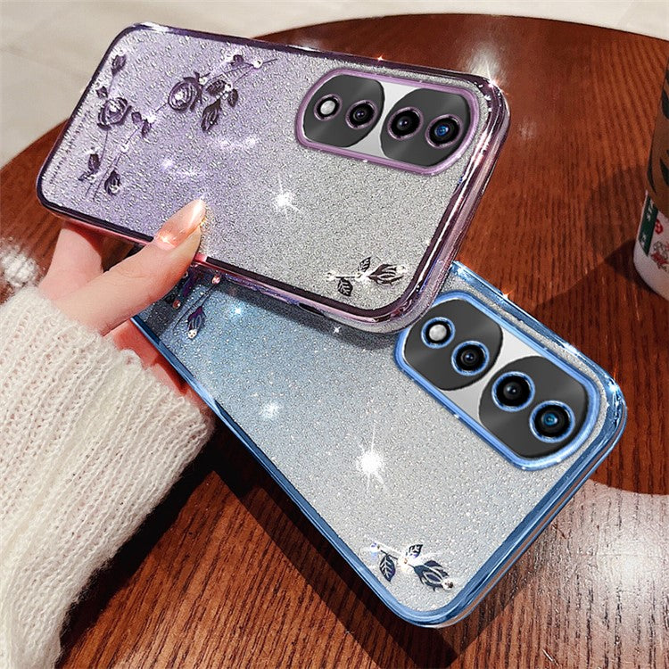 KADEM For Honor 70 Pro+ 5G Flexible TPU Cell Phone Cover Glitter Powder Flower Pattern Decor Rhinestone Design Smartphone Case Shell - Purple