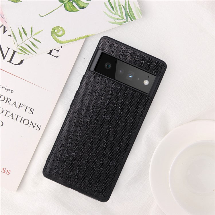 For Google Pixel 7 Pro 5G Anti-scratch Phone Case Textured PU Leather Coated TPU + PC Hybrid Cover - Black Glittery Sequins