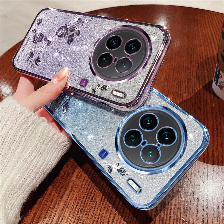 KADEM For vivo X90 Pro 5G Rhinestone Decor Flower Pattern Soft TPU Back Cover Gradient Glitter Powder Protective Case - Purple