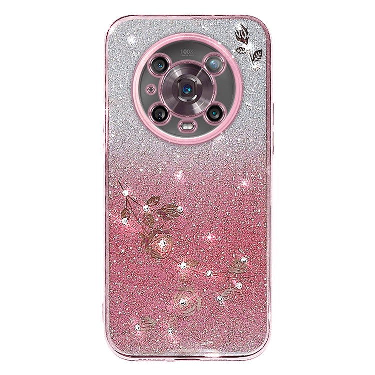 KADEM For Honor Magic4 Pro 5G Gradient Glitter Powder Soft TPU Anti-drop Cover Rhinestone Decor Flower Pattern Protective Case - Rose Gold