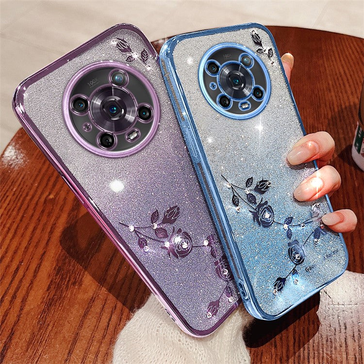 KADEM For Honor Magic4 Pro 5G Gradient Glitter Powder Soft TPU Anti-drop Cover Rhinestone Decor Flower Pattern Protective Case - Purple