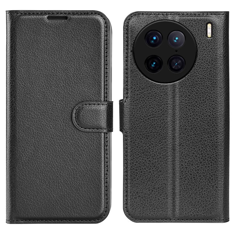 For vivo X90 Pro 5G Full Protection Flip Phone Case Anti-scratch Litchi Texture PU Leather Stand Wallet Phone Cover - Black