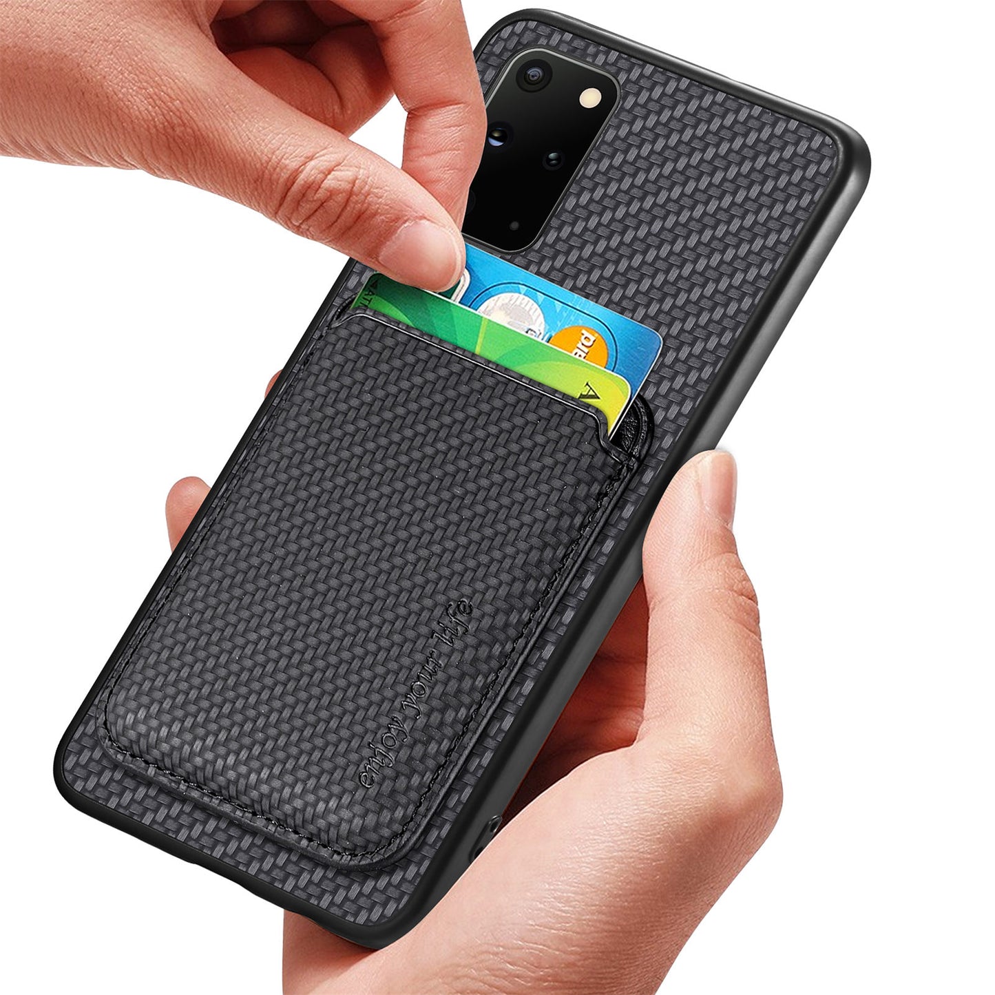 For Samsung Galaxy S20 Plus 4G / 5G Carbon Fiber Texture Shell, Card Holder Design Detachable 2-in-1 Magnetic Phone Case PU Leather + TPU + PC Protective Cover - Black