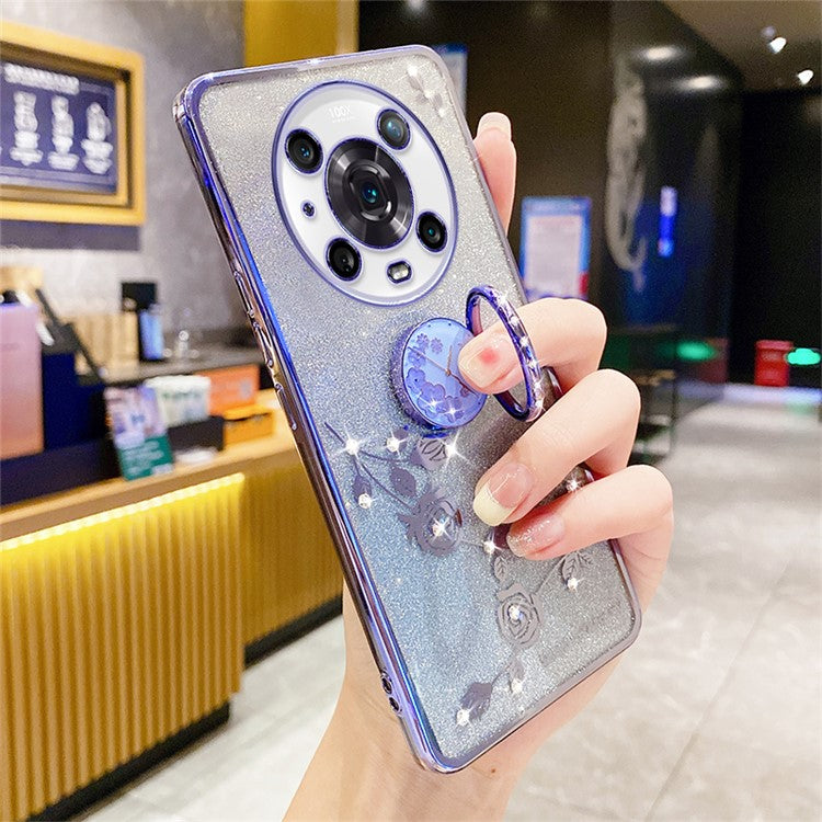 KADEM For Honor Magic4 Pro 5G TPU Case with Kickstand Glitter Flower Pattern Rhinestone Decor - Blue