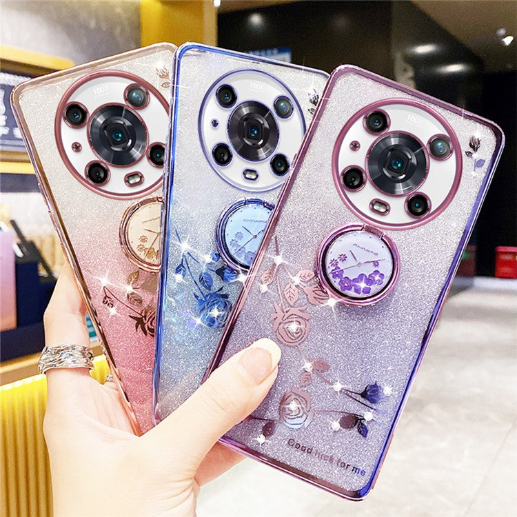 KADEM For Honor Magic4 Pro 5G TPU Case with Kickstand Glitter Flower Pattern Rhinestone Decor - Blue