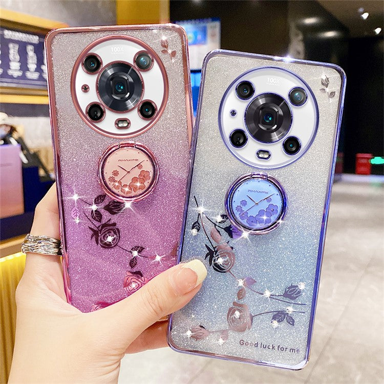 KADEM For Honor Magic4 Pro 5G TPU Case with Kickstand Glitter Flower Pattern Rhinestone Decor - Purple