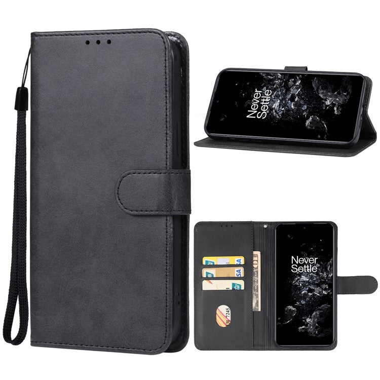 For OnePlus 11 5G Calf Texture PU Leather Wallet Case Flip Folio Stand Magnetic Protective Phone Cover with Strap - Black