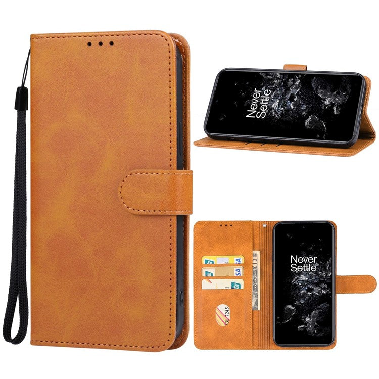 For OnePlus 11 5G Calf Texture PU Leather Wallet Case Flip Folio Stand Magnetic Protective Phone Cover with Strap - Brown