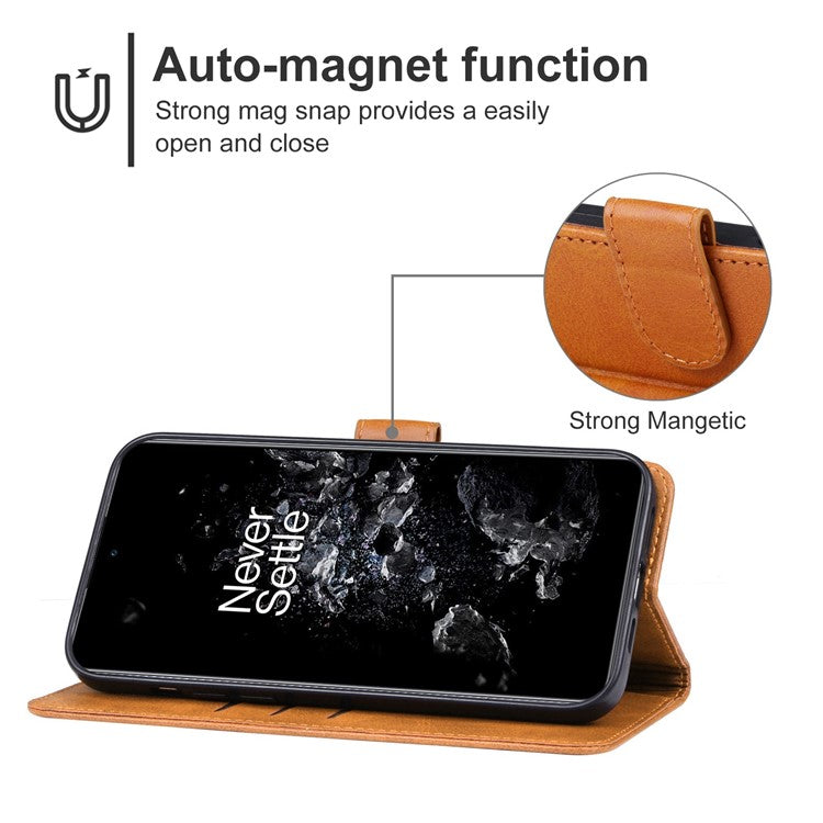 For OnePlus 11 5G Calf Texture PU Leather Wallet Case Flip Folio Stand Magnetic Protective Phone Cover with Strap - Brown