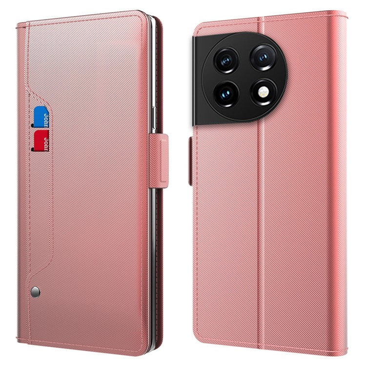 Anti-fall Phone Case for OnePlus 11 5G, PU Leather+TPU Foldable Stand Card Holder Magnetic Phone Cover with Makeup Mirror - Rose Gold