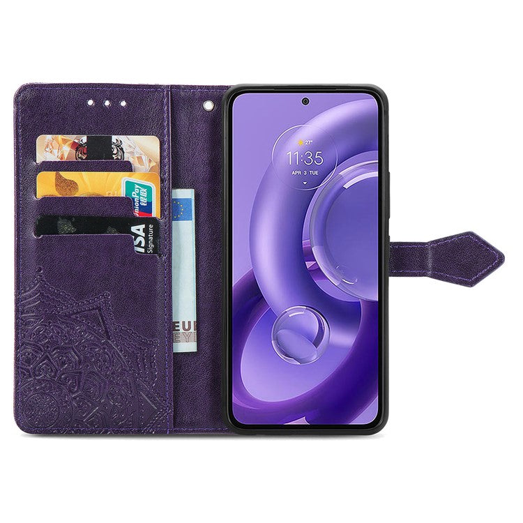 For Motorola Edge 30 Neo 5G / Edge 30 Lite 5G Wallet Stand Phone Cover Embossed Mandala Pattern PU Leather Flip Phone Case - Purple