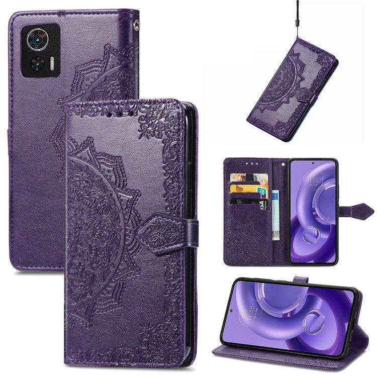For Motorola Edge 30 Neo 5G / Edge 30 Lite 5G Wallet Stand Phone Cover Embossed Mandala Pattern PU Leather Flip Phone Case - Purple