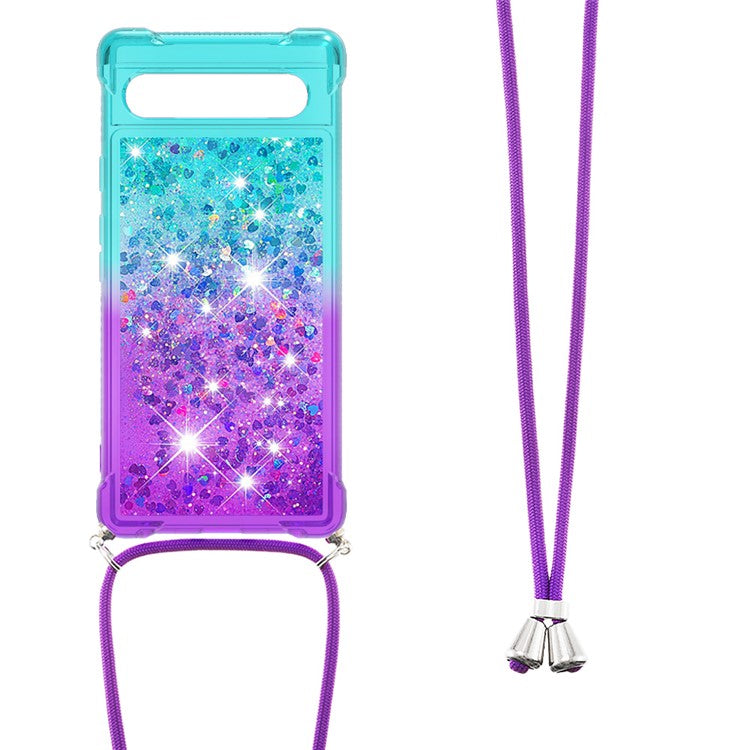 YB Quicksand Series-6 TPU Phone Case for Google Pixel 7a, Gradient Color Flowing Liquid Quicksand Shockproof Back Cover with Lanyard - Sky Blue / Purple