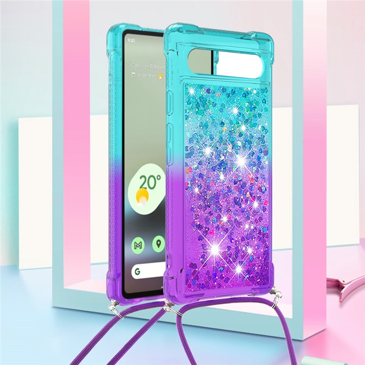 YB Quicksand Series-6 TPU Phone Case for Google Pixel 7a, Gradient Color Flowing Liquid Quicksand Shockproof Back Cover with Lanyard - Sky Blue / Purple