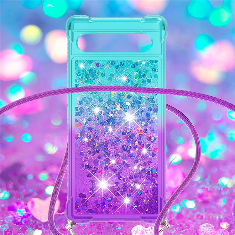 YB Quicksand Series-6 TPU Phone Case for Google Pixel 7a, Gradient Color Flowing Liquid Quicksand Shockproof Back Cover with Lanyard - Sky Blue / Purple