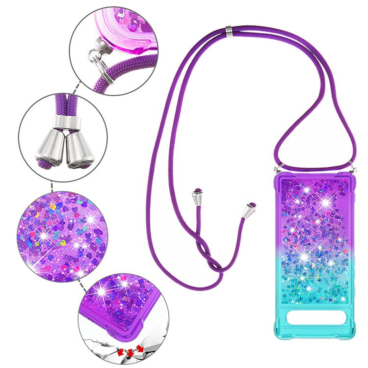 YB Quicksand Series-6 TPU Phone Case for Google Pixel 7a, Gradient Color Flowing Liquid Quicksand Shockproof Back Cover with Lanyard - Sky Blue / Purple