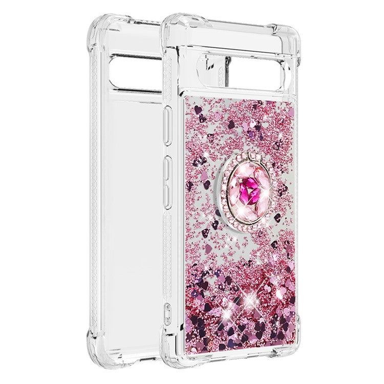 For Google Pixel 7a YB Quicksand Series-7 Liquid Quicksand TPU Phone Case Ring Kickstand Anti-drop Cover - Rose Gold  /  Hearts